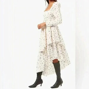 WeWoreWhat Puff Sleeve Asymmetrical Floral Midi Dress Cream/Purple 6